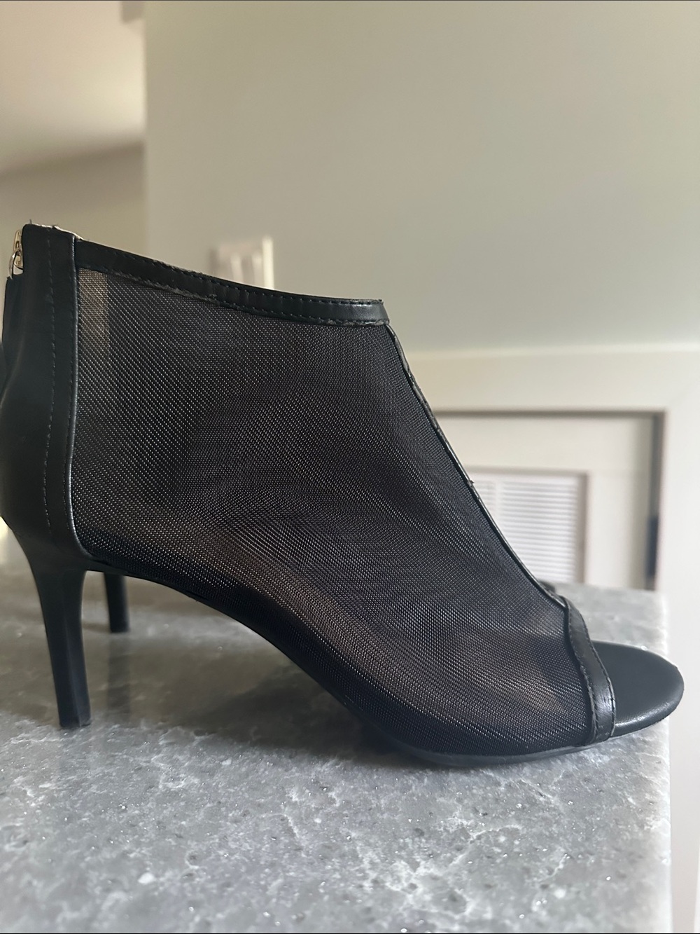 Geox Black Mesh Peep-Toe Ankle Booties with Slim Heel